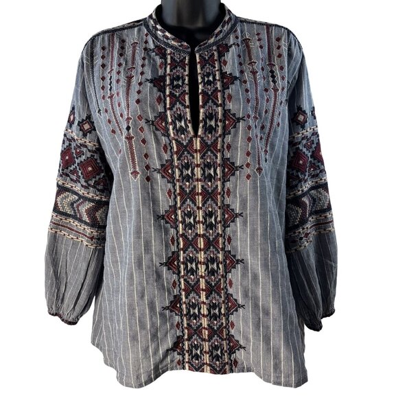 Johnny Was Womens Embroidered Boho Tunic Top Blue Red Long Sleeve Size M - Picture 3 of 10